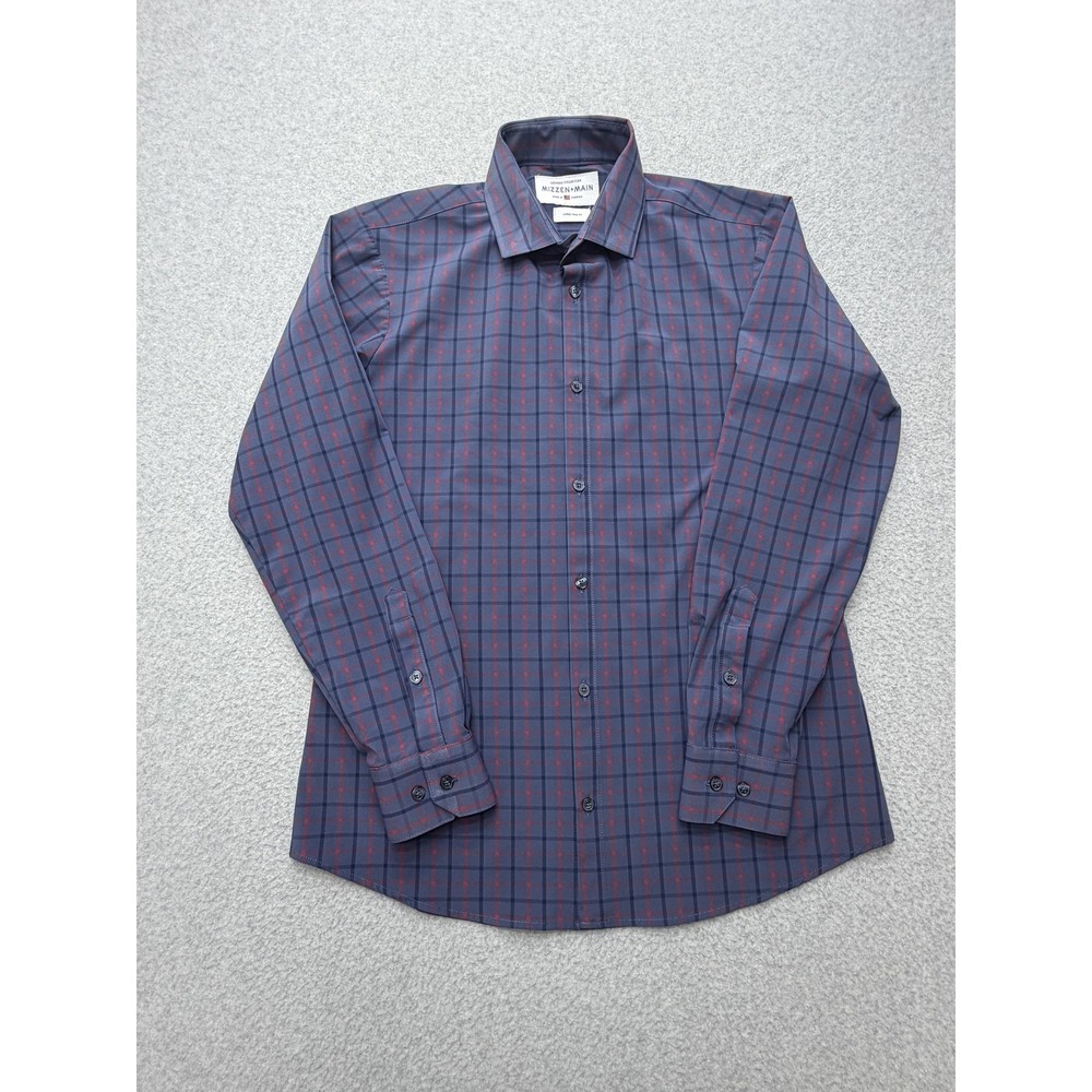 Mizzen+Main Leeward Dress Shirt Mens Large Blue Plaid Trim Fit Stretch USA